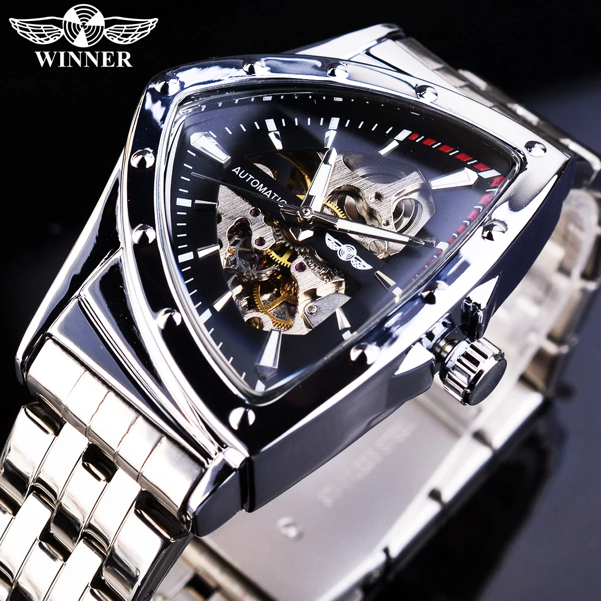 

Winner Skeleton Men's Silver Mechanical Watches Steampunk Automatic Triangle Wristwatches Stainless Steel Man Watch Irregular