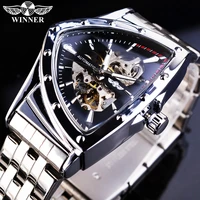 winner skeleton mens silver mechanical watches steampunk automatic triangle wristwatches stainless steel man watch irregular