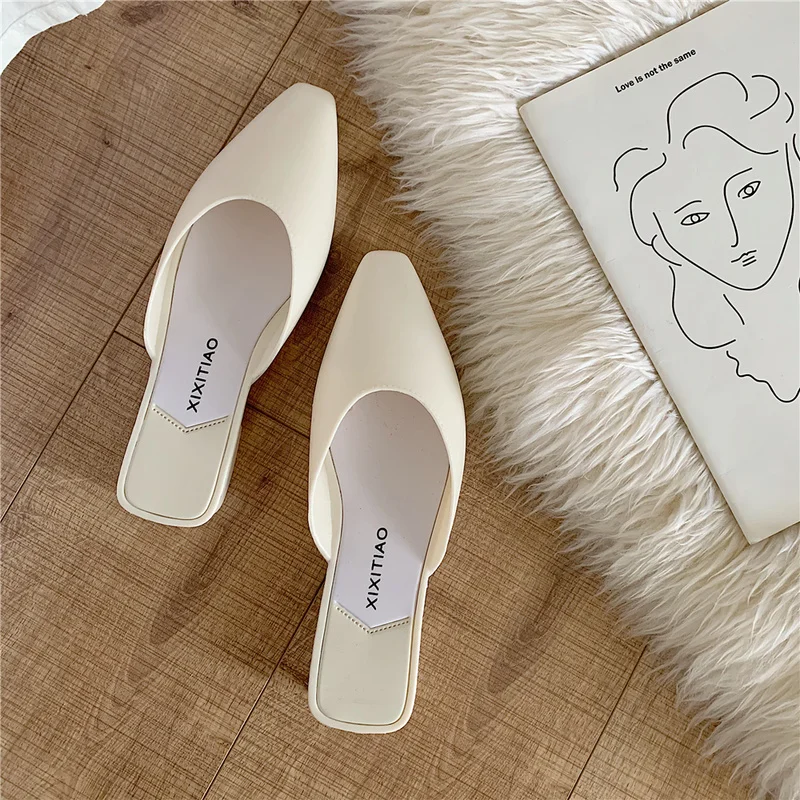 

Mazefeng 2020 Spring and Summer Women's Shoes Korean Pointed Lazy Style Slippers Baotou Flat Heel Sets Semi Slippers Low Heel