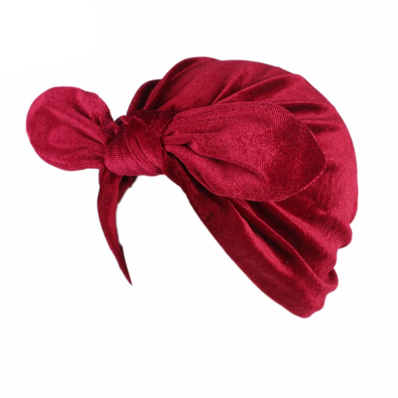 

1PC All-match Bandanas Women Fashion Velvet Hijab Bow Rabbit Ears Muslim Turban Chemo Cap Solid Color Simple Head Wrap