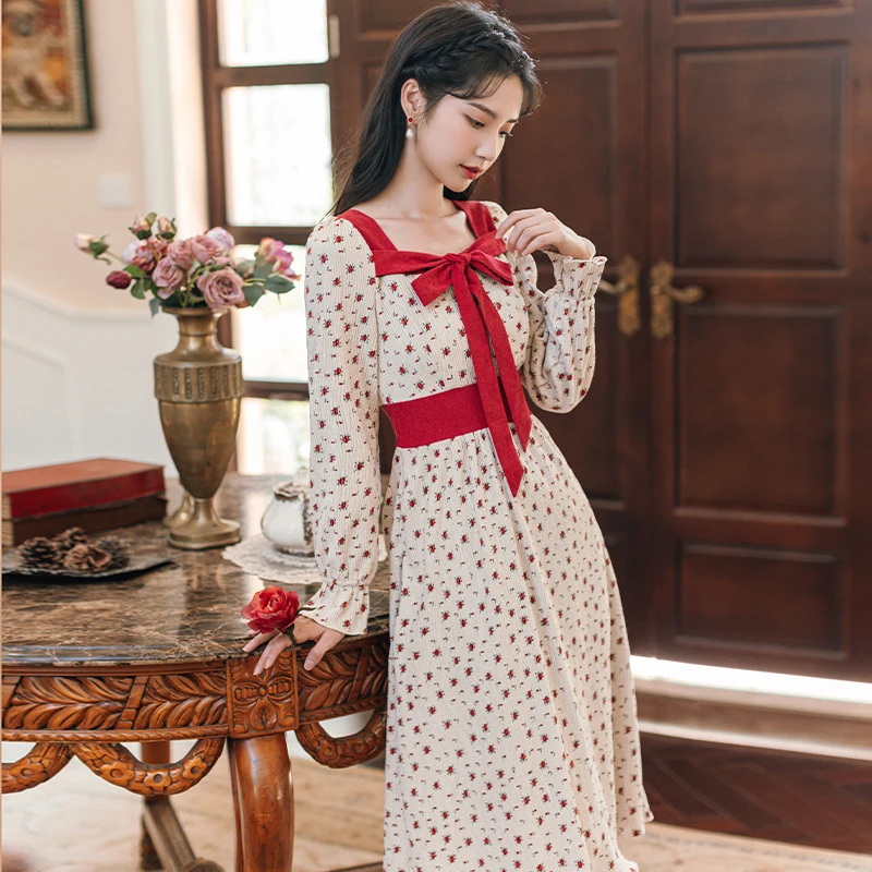 

Женское винтажное платье на молнии, офисное платье во французском стиле с длинным рукавом и цветочным принтом, платье с высокой талией, Осен...