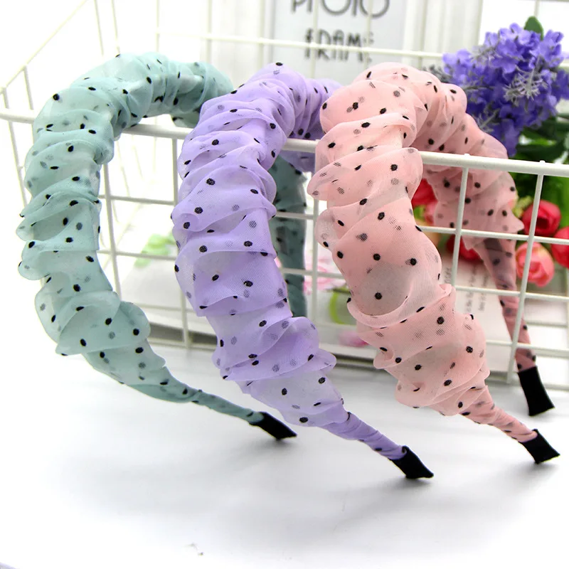 

Women Polka Dots Organza Pleated Headbands Ladies Handmade Ruched Hairbands For Girls Bezel Hair Hoop Accessories Headwear