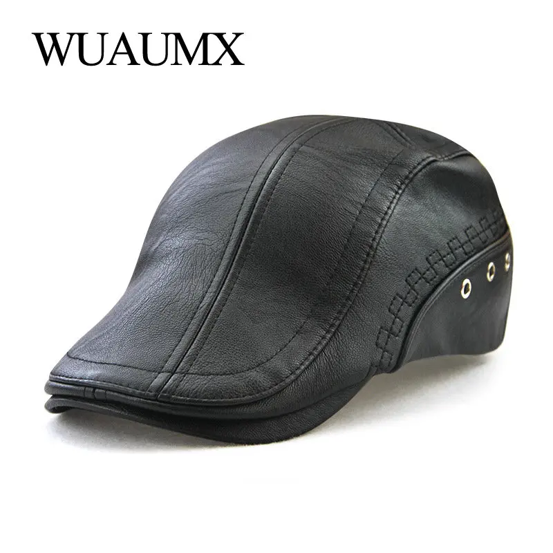 

Wuaumx PU Leather Beret Hat For Men Autumn Winter Warm Newsboy Cap Men's Berets Duckbill Visor Peaked Hats Cabbie Ivy Flat Cap