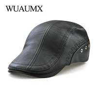 wuaumx pu leather beret hat for men autumn winter warm newsboy cap mens berets duckbill visor peaked hats cabbie ivy flat cap