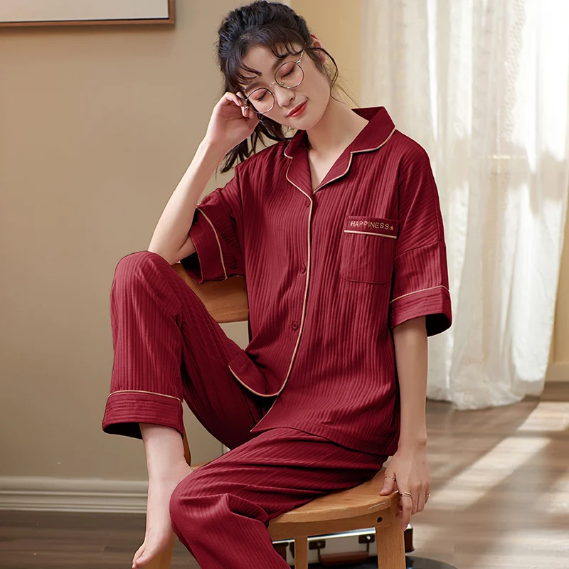 

Summer Cotton Women's Pajamas Short Sleeve Trousers Trouser Suits Women's Home Clothes Women's Sleepwear