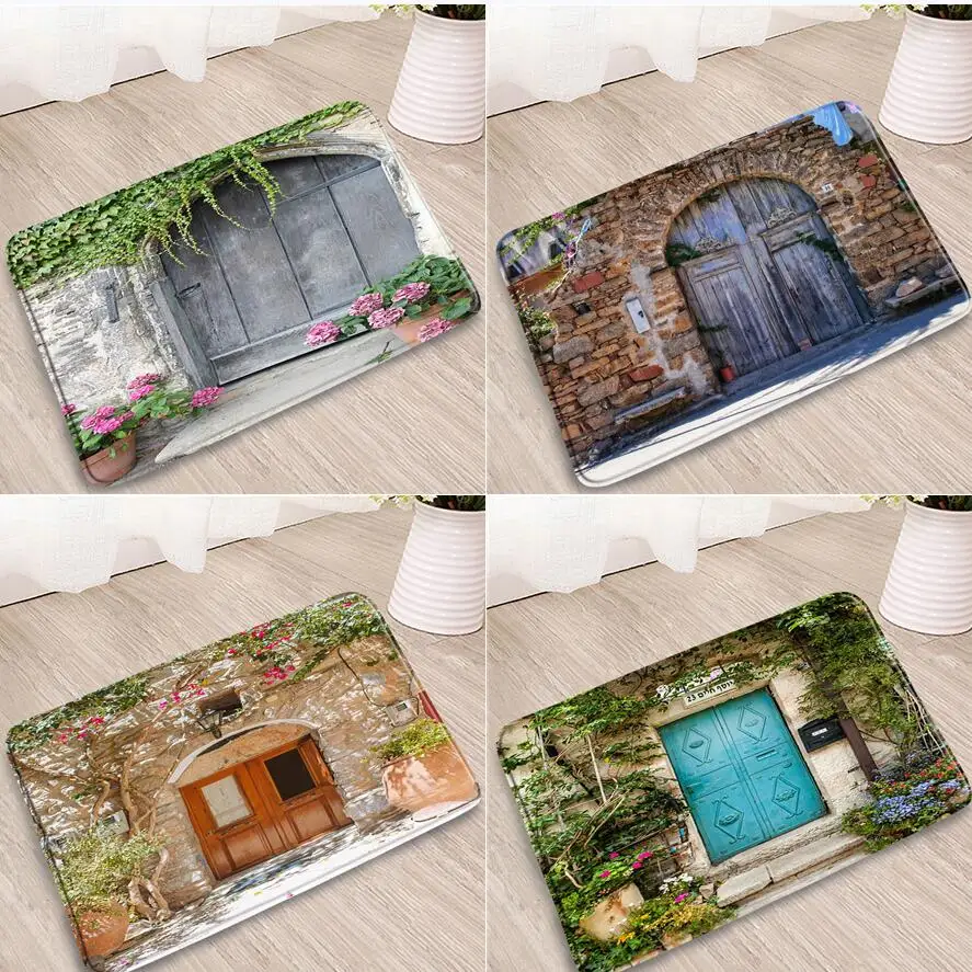 

Vintage Bathroom Mat Spring Street Flowers Wall Old Doors Doorway Welcome Carpets Bedroom Kitchen Corridor Flannel Non-Slip Rugs