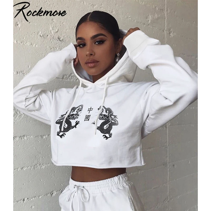 Rockmore белый китайский персонаж Дракон печати толстовки с капюшоном Женская толстовка размера плюс уличная укороченные толстовки осень Femme
