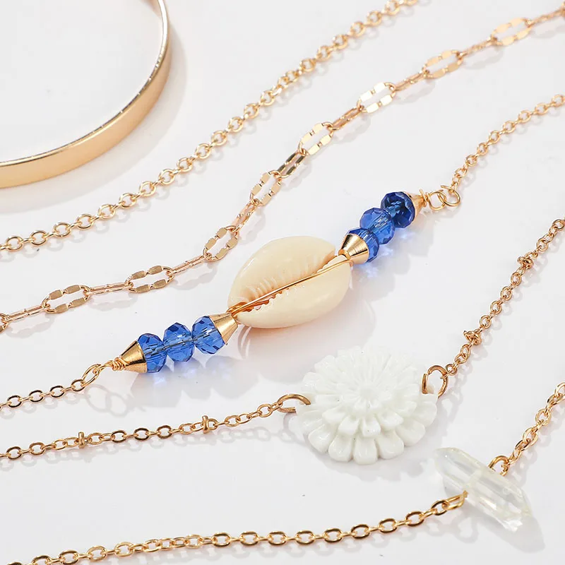 

6 Pcs/Set Gold Sea Shell Link Chain Bracelets for Women White Flower Charm Gold Bracelets Bangles Bohemian Braclets Jewelry Gift