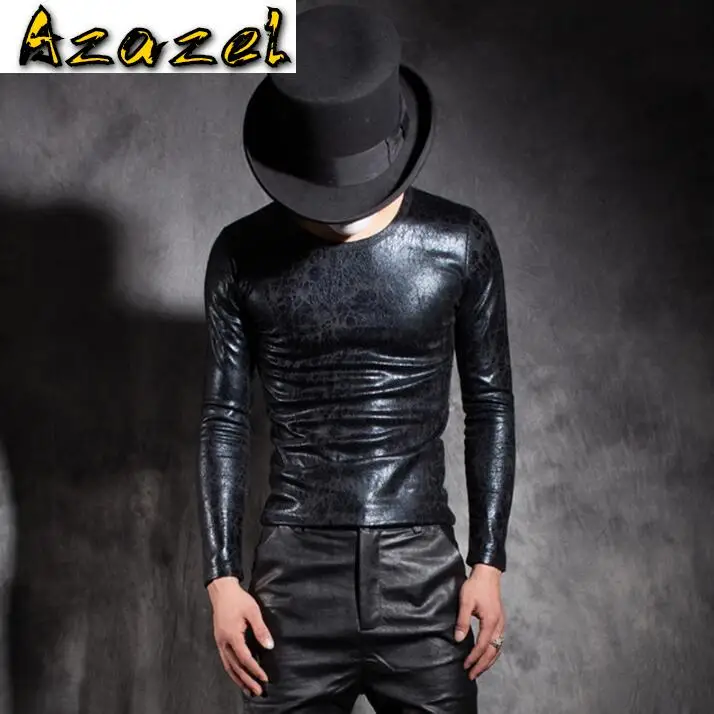 

Hot New Winter thick men's Slim short paragraph long-sleeved leather T-shirt male hairstylist tight-skinned crewneck shirts tide