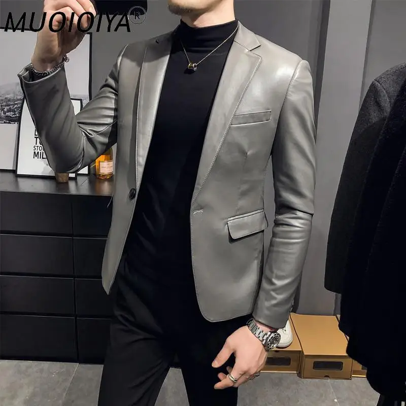 

2021 New Spring Autumn Men Korean Style Solid Color Faux Leather Jacket Male Suit Collar PU Leather Slim Motorcycle Coats S210