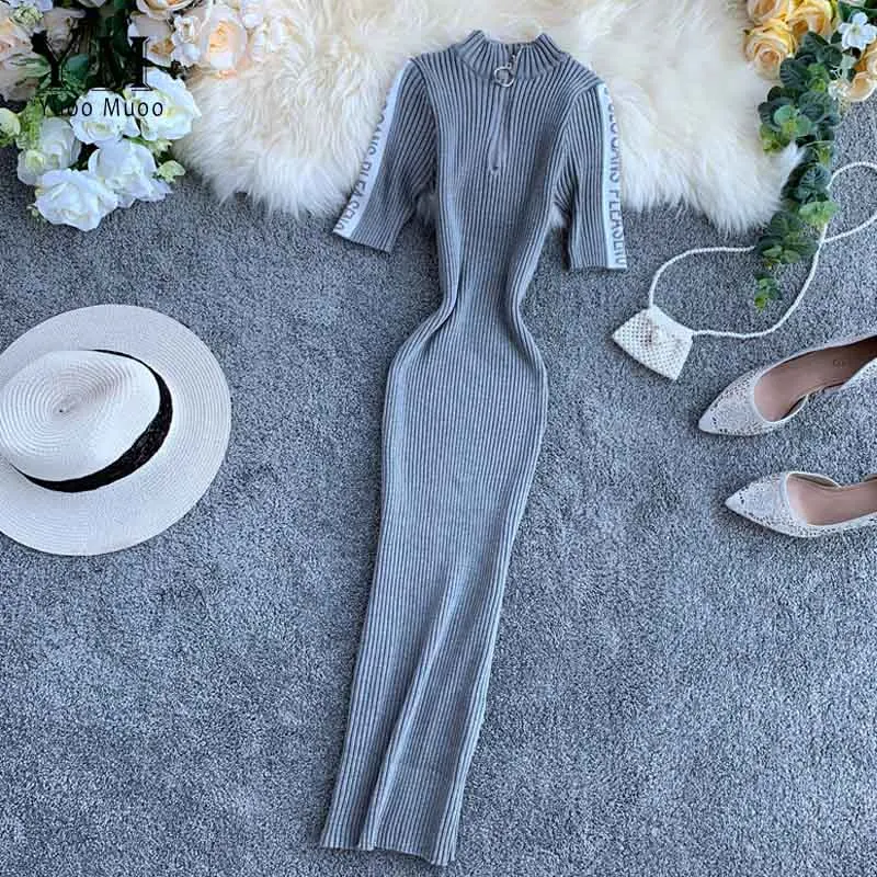 Gray Short Sleeve YuooMuoo женское стрейчевое облегающее платье Ins Горячая молния дизайн осеннее трикотажное платье midi зимнее модное черное платье Vestidos - Цвет: Gray Short Sleeve