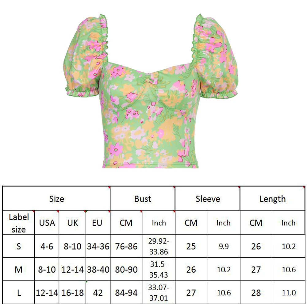 

2020 Vintage Floral Crop Tops Reyro Puff Sleeve T-Shirts Women Ruffles Short Sleeve Summer T-Shirt Bow Sexy V-neck Ladies Tops