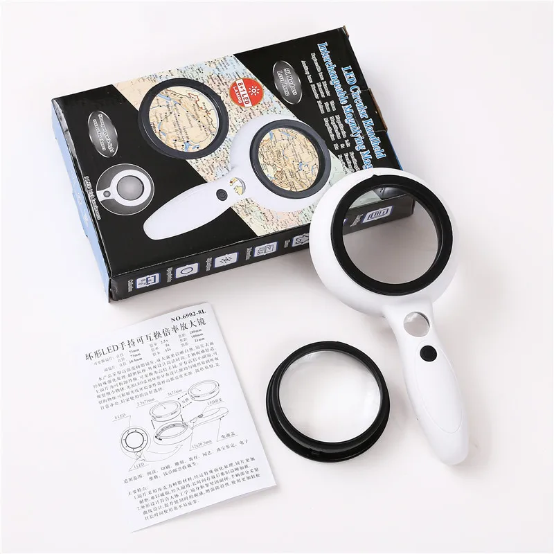 

2.5x 5x 73mm Double Lenses Handheld Illuminated Reading Magnifying Glass for Old Man Fashion Magnifier in Supermarket