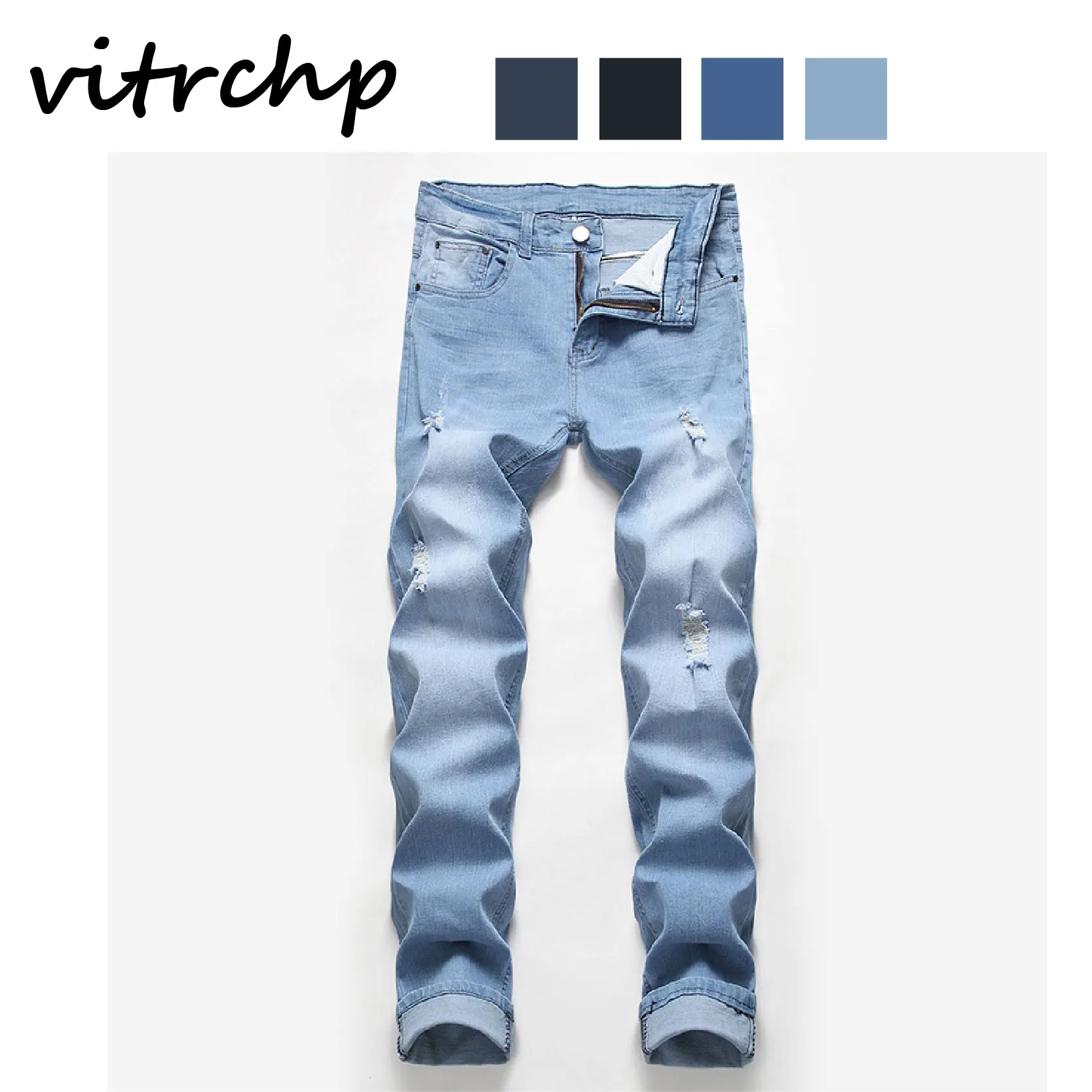 

VITRCHP 2021 Men's Ripped Jeans New Arrival Hip-Hop Trend Beauty Large Size Light Color Casual Classic Style Pants Slim Fit