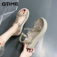 ladies platform sandals white beige black wedge high heels summer shoes rhinestone flower ins fashion design 2021 comfortable