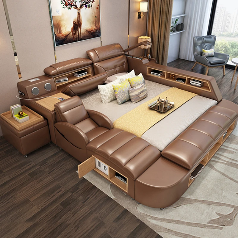 Modern Leather Fabric Bed With Storage Box Function Bedroom Furniture Set Chestrfield Style Multimedia Speaker USB Charger | Мебель