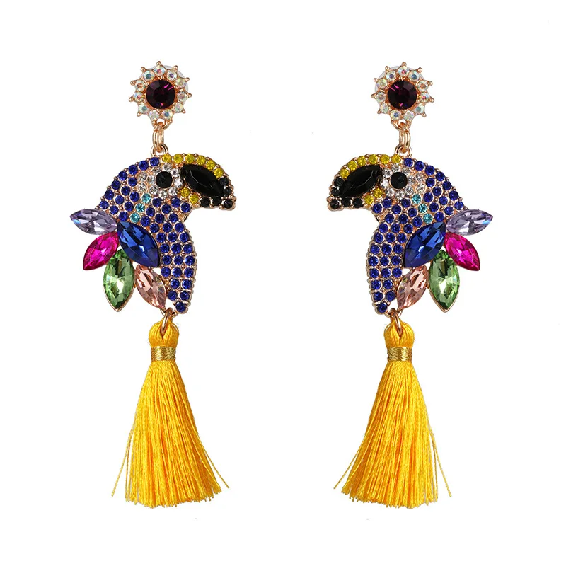 2020 ZA Luxury Rhinestone Parrot Drop Earring Women Fashion Long Tassel Earrings Jewelry Female Animal Bird Large Girls | Украшения и