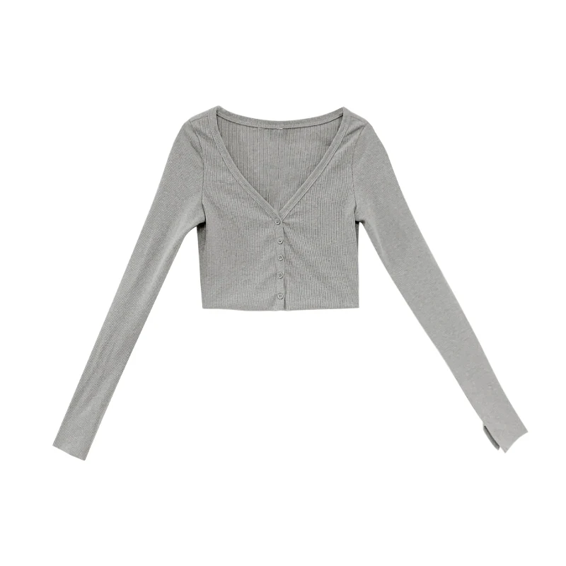 

European and American Style Sexy V-Neck long sleeve knitted cardigan women's Retro single breasted short threaded T-shirt navel