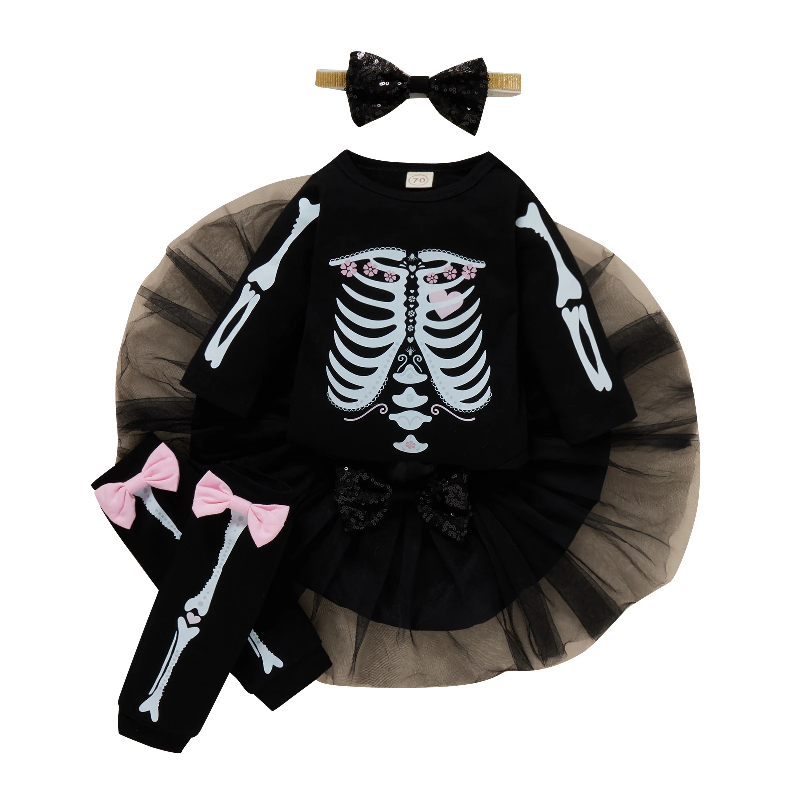 

Baby Girls Halloween Clothes Set Skeleton and Bow Knot Printed Pattern Romper Skirt Foot Cover and Headdress