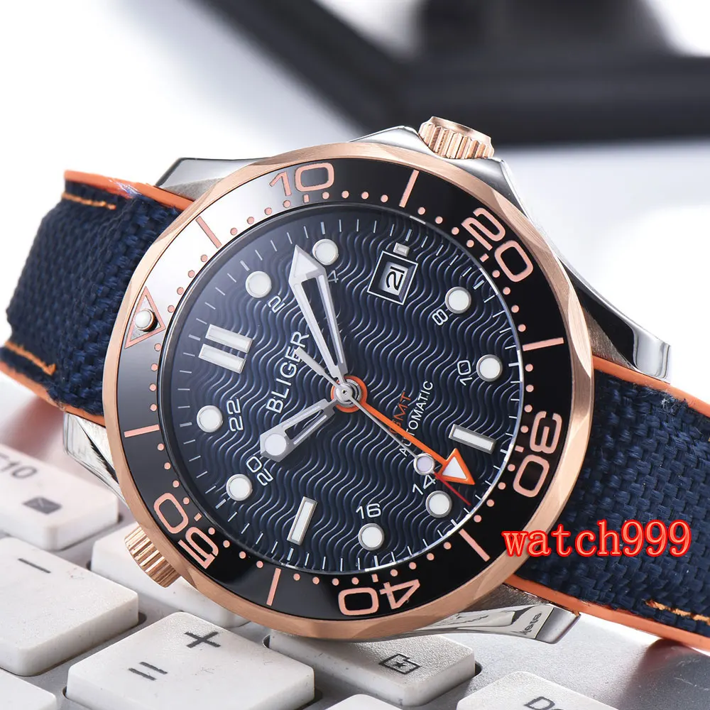 Bliger 41 mm Blue dial Automatic date Rose gold bezel fashion men's watches Rubber strap GMT automatic mechanical | Наручные часы