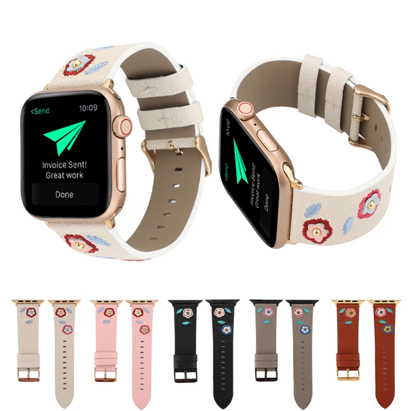 Ремешок с цветочной вышивкой для apple watch Band 40 мм 44 38 42 спортивный браслет из мягкой