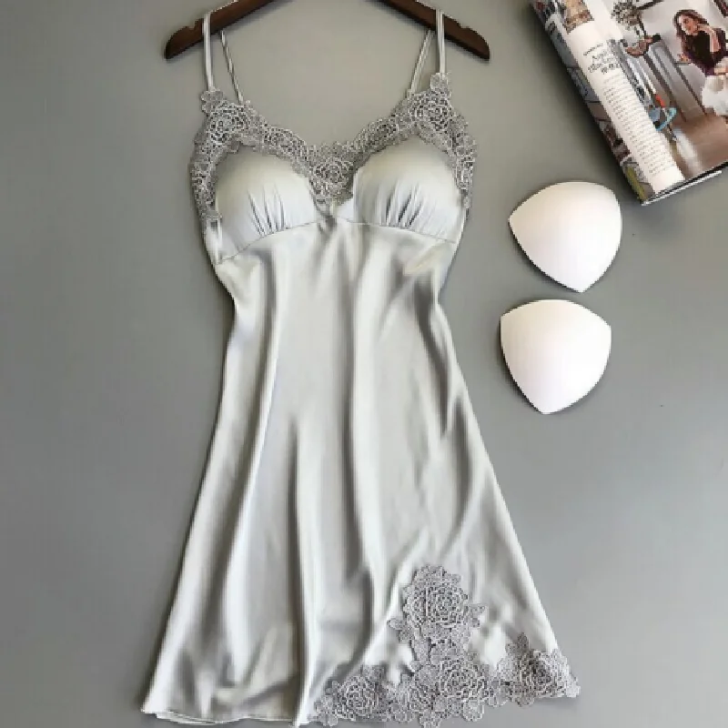 

Multicolor Sexy Faux Silk Suspender Home Nightdress Lace Patchwork Erotic Lingerie Femme Nightgowns Nightwear Women's Clothing