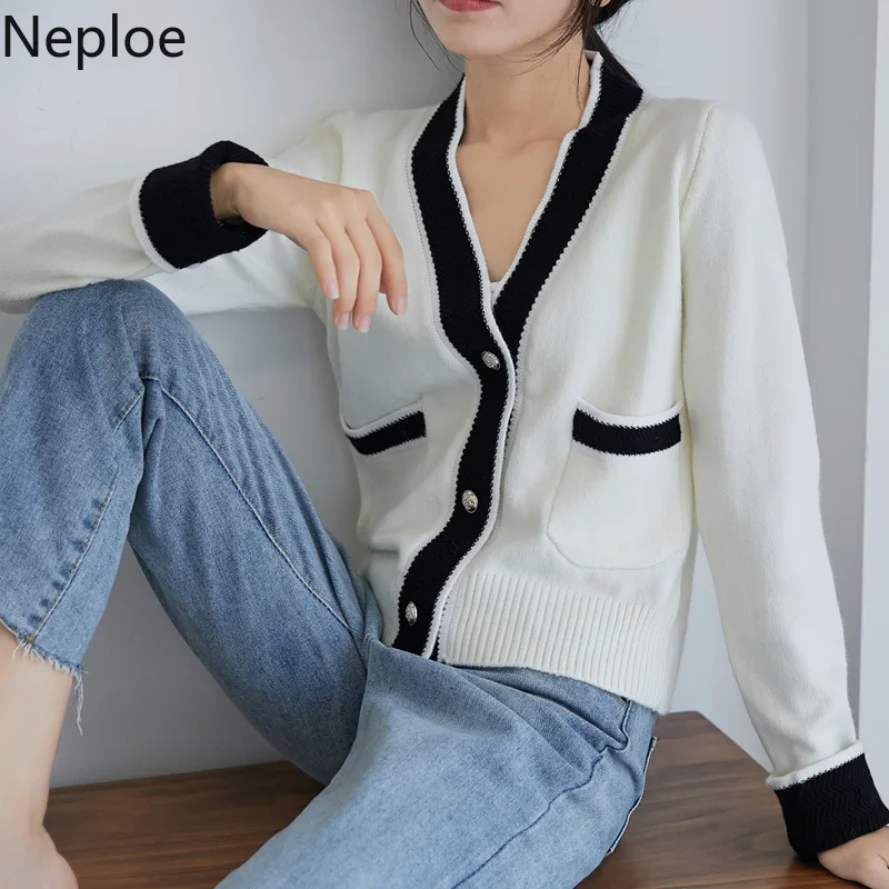 Neploe v-образный вырез контрастный цвет вязаный кардиган свитер небольшой аромат