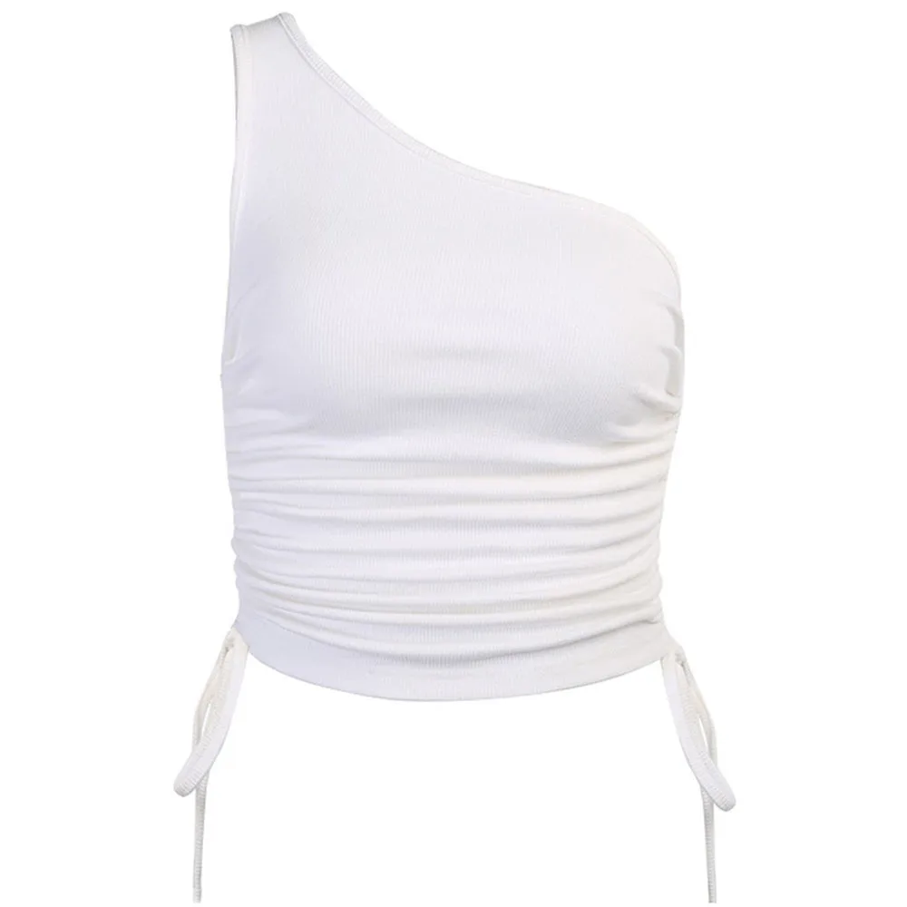 

hot One-Shoulder Sleeveless White Crop Tops For Women Sexy Backless Tank Tops Streetwear Female Ruched Fold Drawstring Tops