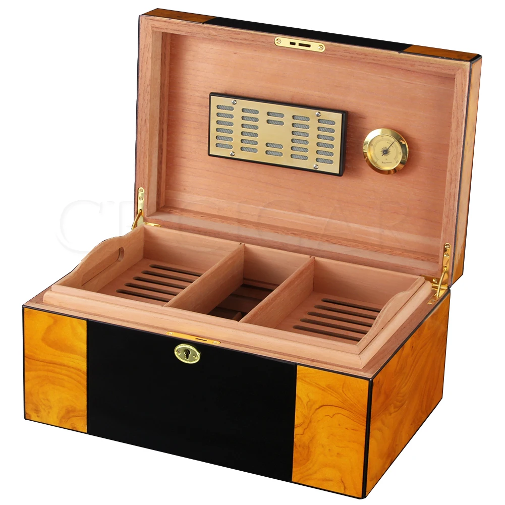 

COHIBA Cedar Wood Humidor Home Cigar Case Large Capacity Glossy Piano Finish Cigar Humidor Box W/ Lock Humidifier Hygrometer