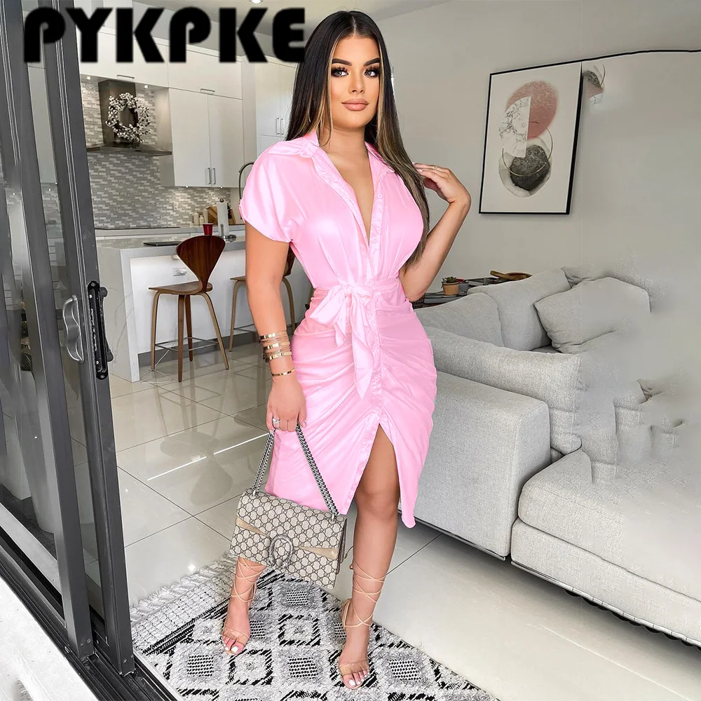 

Women Dress Solid Short Sleeve Turn-down Shirt Dresses Office Lady Outfit Summer