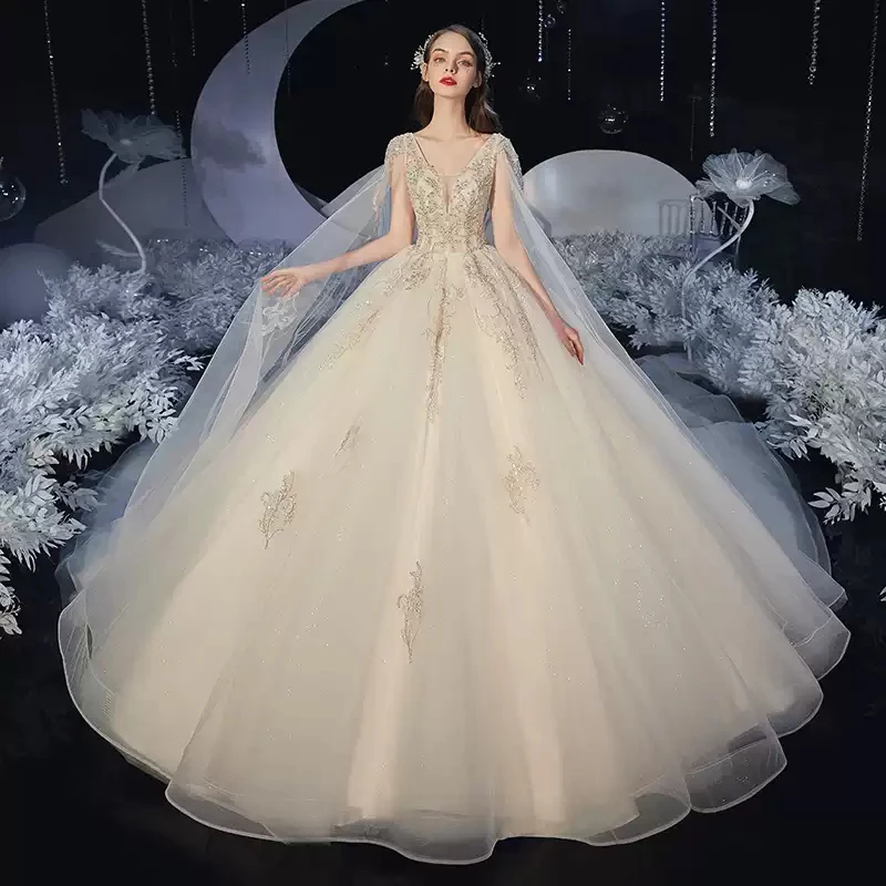 

Wedding Dress Luxurious Sequins Appliques Deep V-Neck Empire Short Sleeves Floor-Length Plus Size Wedding Gowns For Women G406