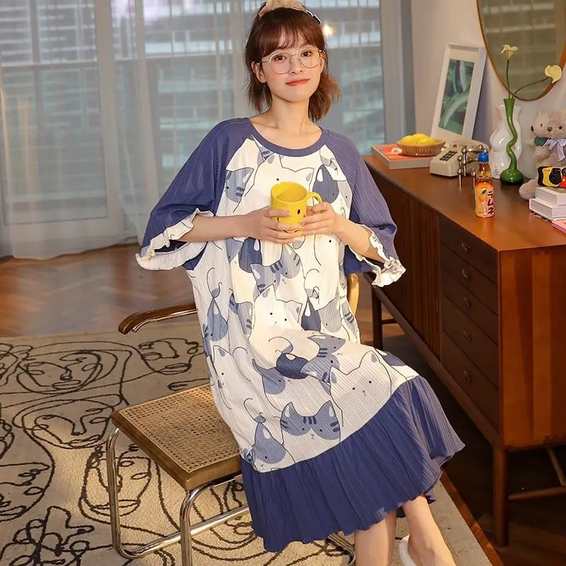 

2021 New Summer Women Long Cotton Sleepwear Home Nightshirt Women Causal Sleepwear Loose Short Sleeve Nightgown Women Dress