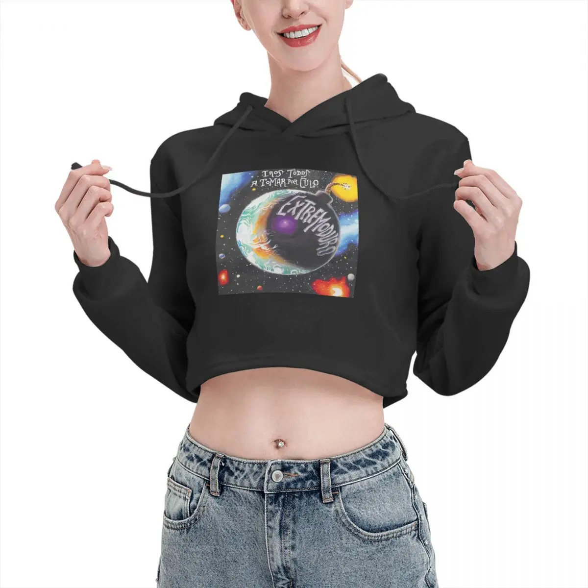 

Extremoduro 2 Open navel Cat Ear Hoodie Sweater R251 Humor Graphic cute Hooded rope Print pullover