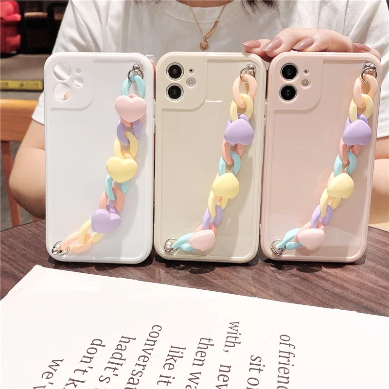 

Macaron Candy Color With Bracelet Phone Case For iPhone 11 12 Pro X XR XS Max 7 8 Plus SE Cute Love Heart Soft TPU Back Cover