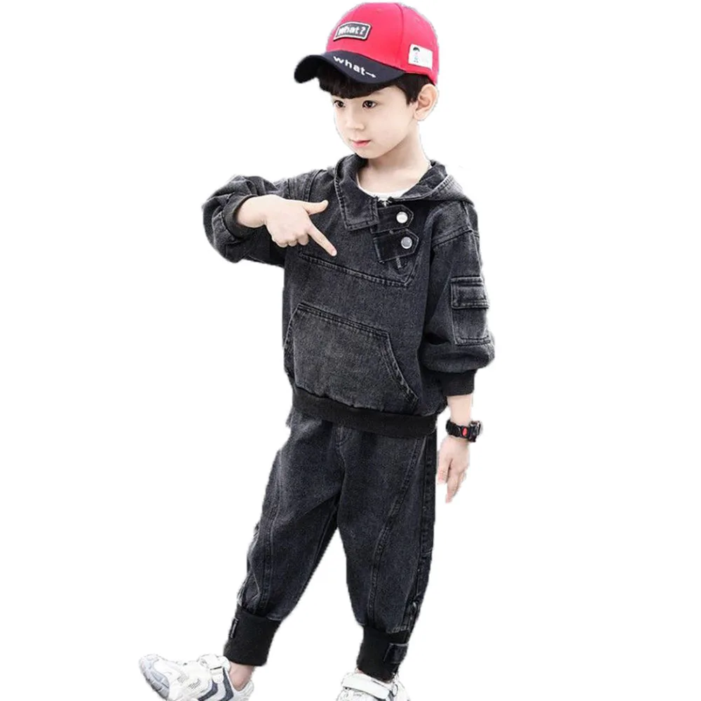 

Cowboy Cotton Boy Clothing Sets Spring and Autumn 2021New Korean Version Long Sleeve Movement Hooded Collar Two-piece Kids' wear