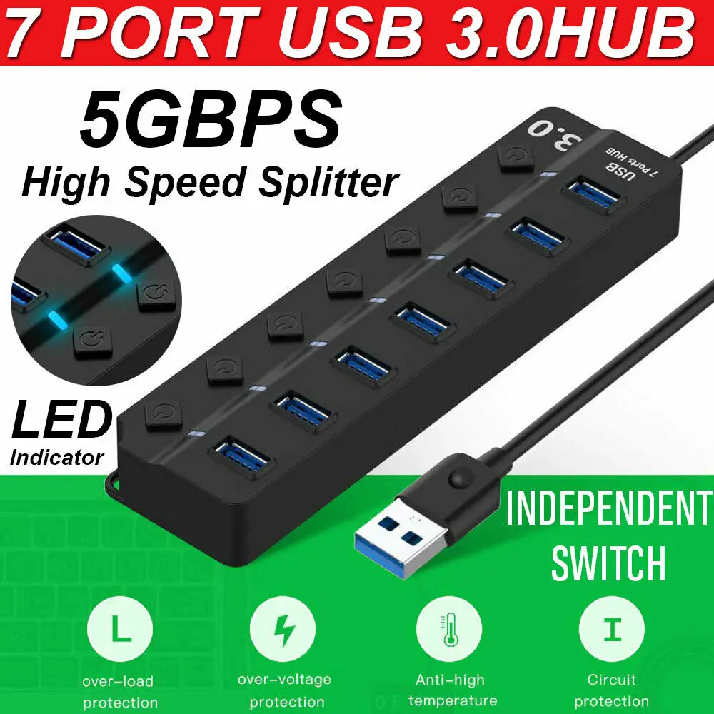 

Fast 5GBPS Multi USB Hub 7 Port 3.0 LED Splitter External Extension Cable Black