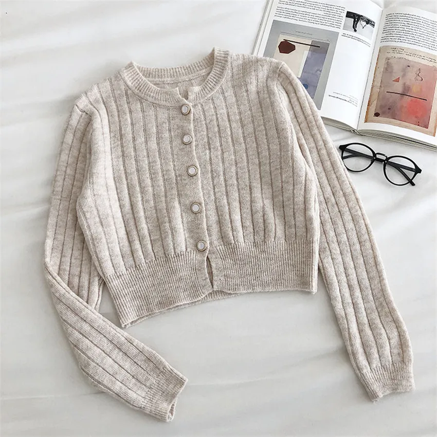 Korean Fashion Chic Solid Elegant Sweater Cardigan Women O-Neck Knitted Coat Short Outwear Cropped |