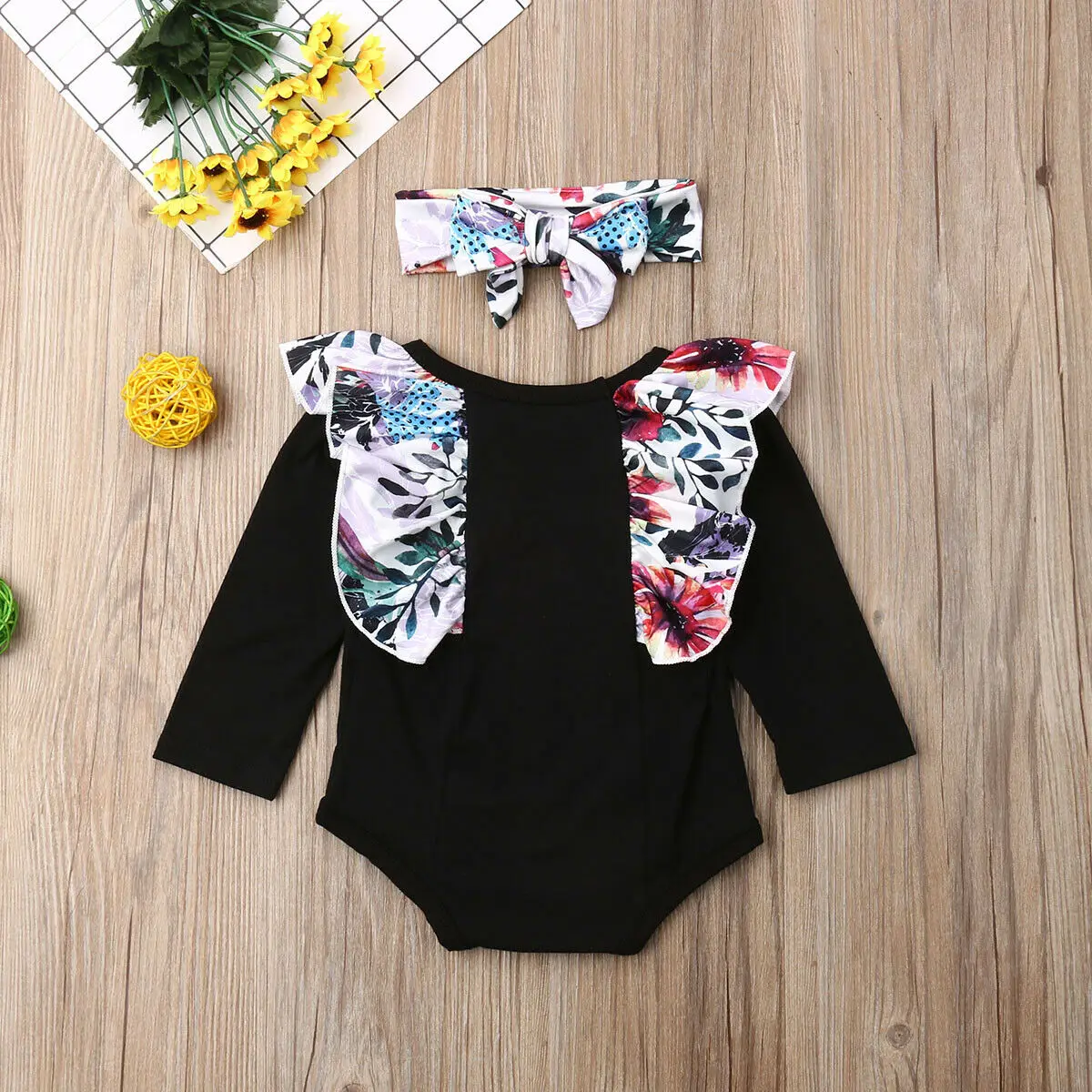 2019 Самые новые горячие новорожденные дети Девочки Рюши Флоральное плечо 2 шт. Тельняшки Комбинезон Наряды Кежуал Хлопковая одежда.