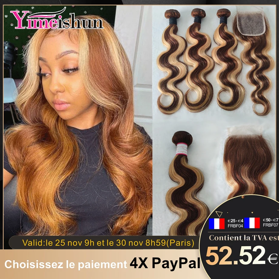 Highlight Bundles With Closure Body Wave Ombre Brown 3/4 PCS P4/27 Human Hair Lace Closure 30 Inches Brazilian Hair Bundles