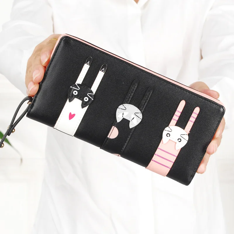 

New Fashion Women' Long Wallet PU Leather Three Cute Cartoon Cats Girls' Purse Students' Card Holder Female Zipper Clutch Bag