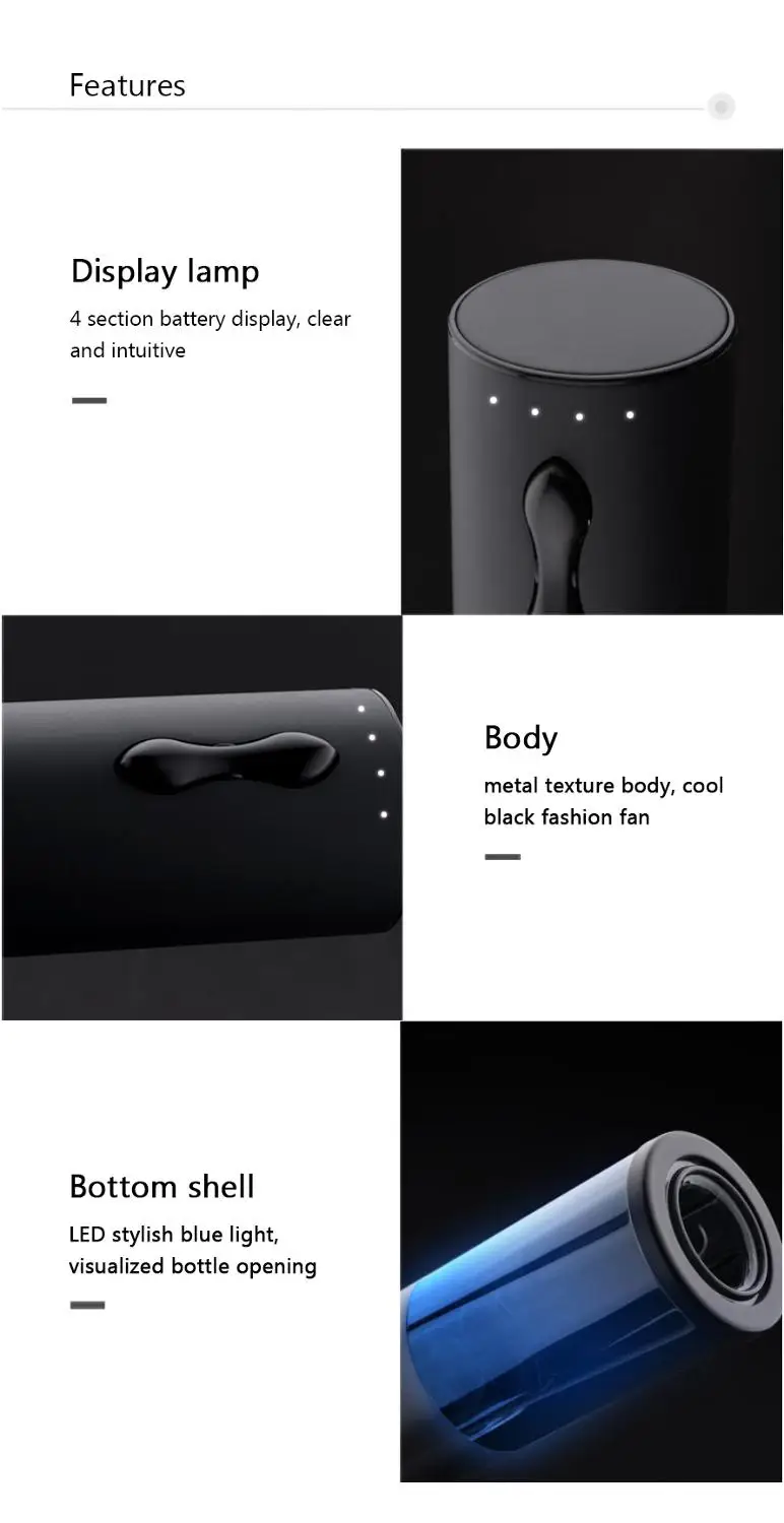

Automatic Bottle Opener USB Electric Wine Opener Corkscrew Wine Bottle Opener Light Display USB Rechargeable with Foil Cutter