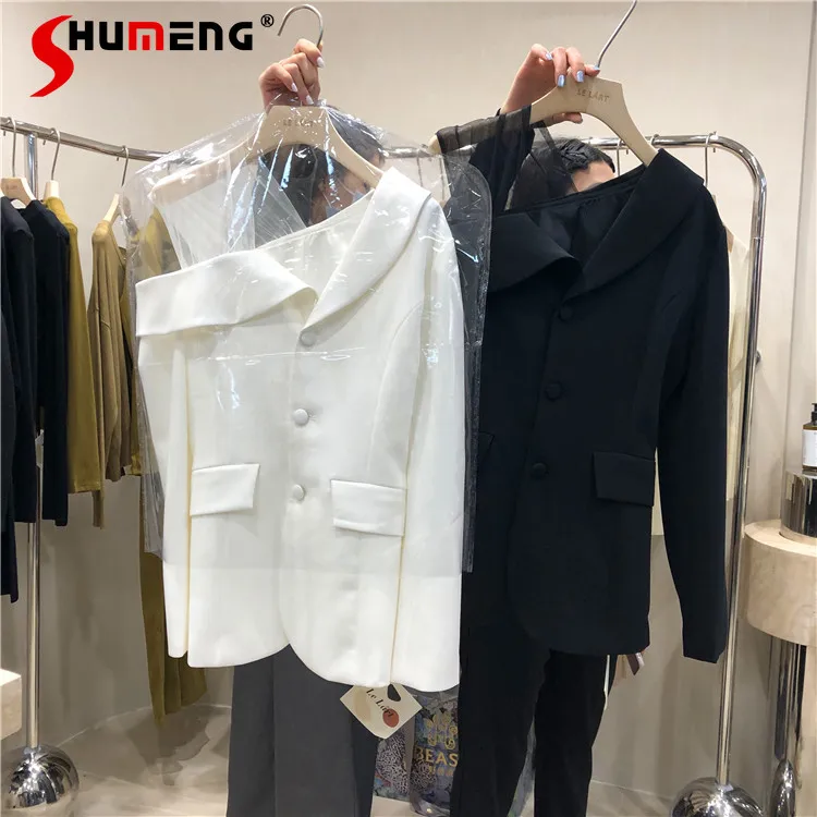 

2021 Spring New Gauze Stitching Single-Breasted Blazer Ladies Off Shoulder Slimming White Suit Coat Female Jacket