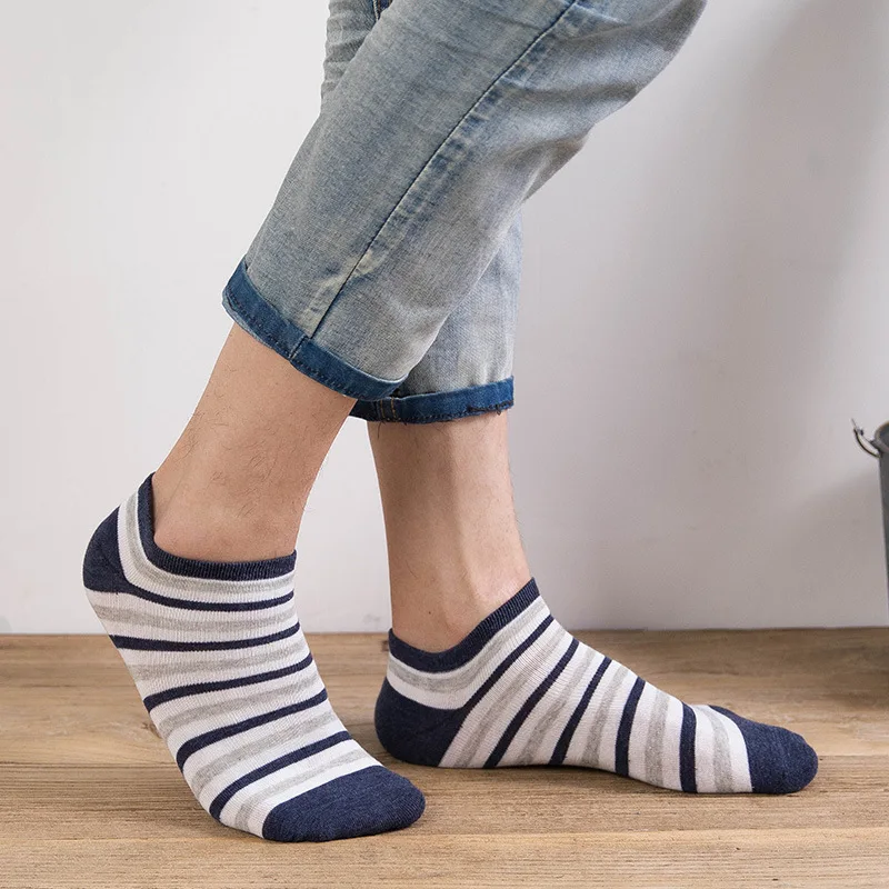 Носки мужские короткие хлопковые в полоску впитывающие пот шлепанцы с закрытым