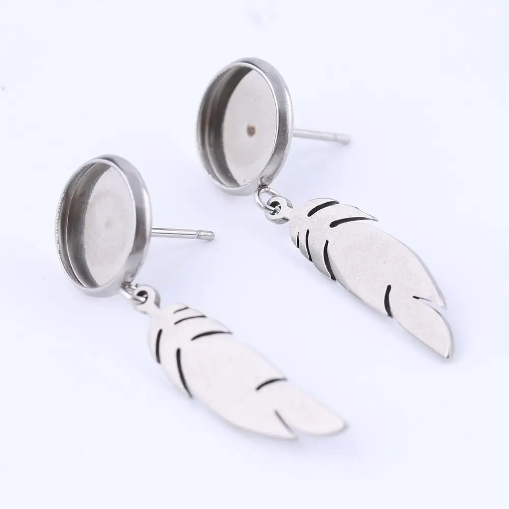 10pcs Stainless Steel Earring Findings Fitting 10mm Cabochon Stud Earrings Base Blank Bezel Settings with feather charm