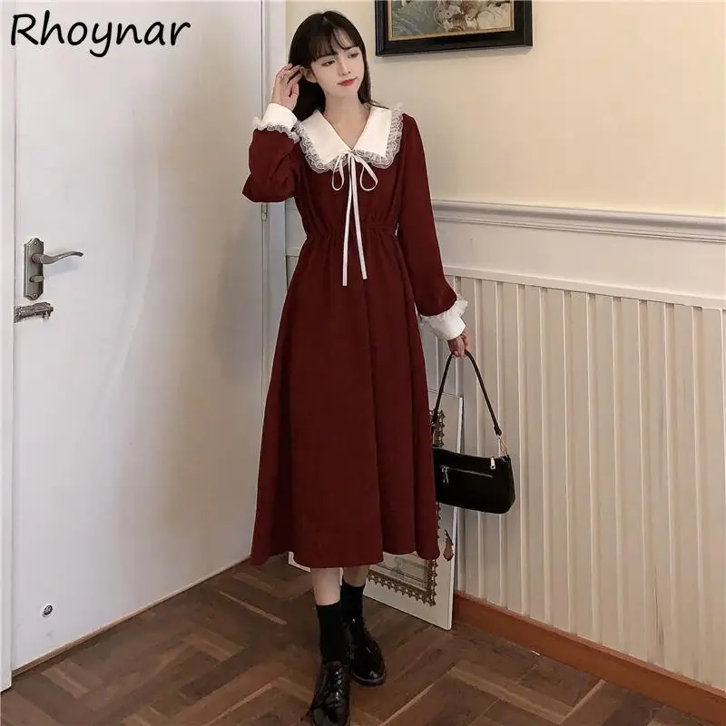 

Long Sleeve Dress Autumn New Peter Pan Collar Cute Midi Fashion Students All-match A-line Casual Elegant Tender Design Patchwork
