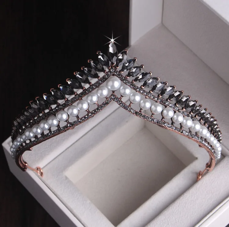 Барокко черный кристалл жемчуг Свадебная Корона-Тиара Стразы для торжества