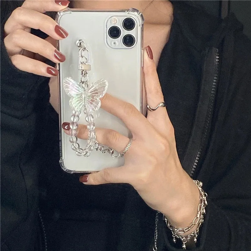 

Cute Crystal Crystal wrist Strap Butterfly Pendant Phone Case For iPhone 12 11Pro Max 8 7 Plus TPU Cases For iPhone 11 Pro Max