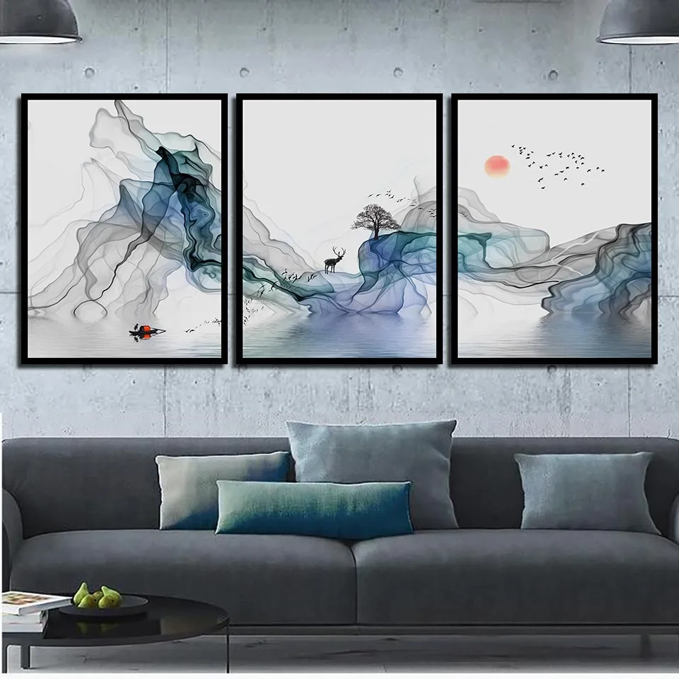 Минималистичный постер в скандинавском стиле пейзаж солнца и озера настенные