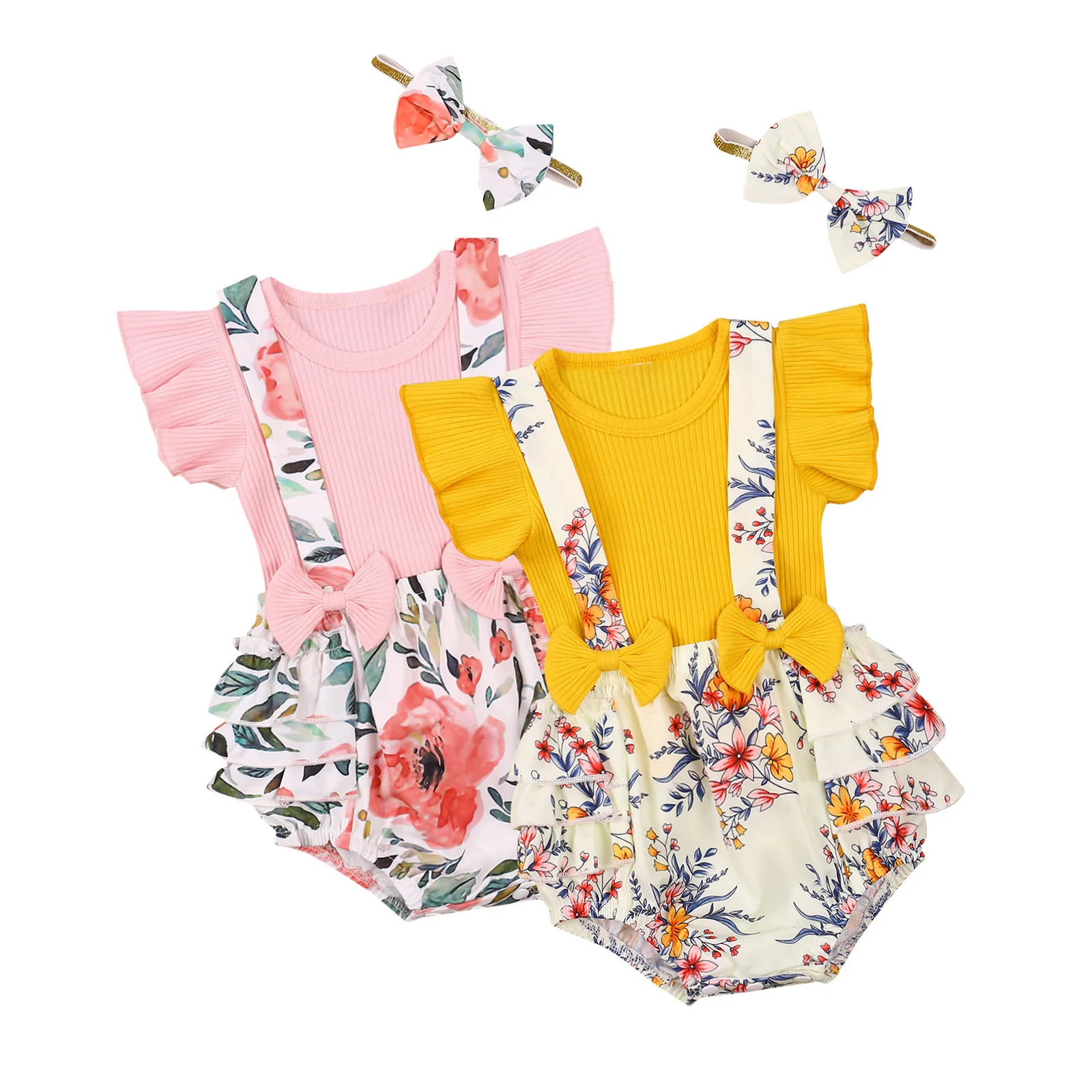 

Newborn Baby Girl Floral Clothes Ruffle Flying Sleeve Ribbed Tops T-Shirt +Suspender Shorts+Headband Summer Outfits