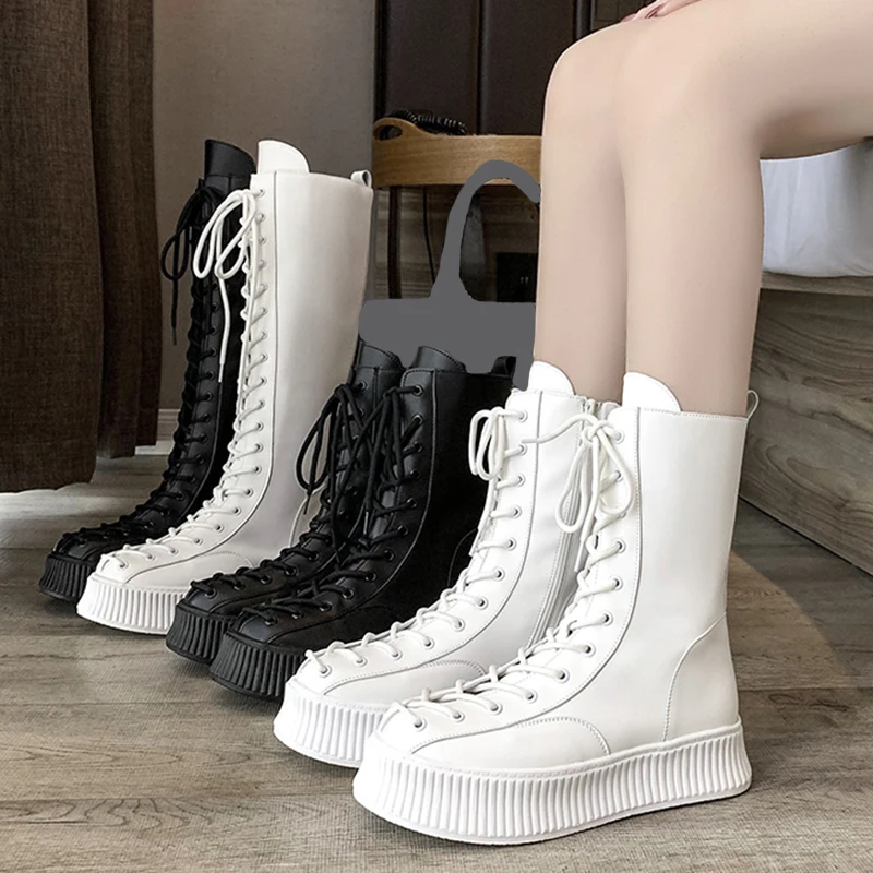 

Rimocy Autumn Women's Lace Up Knee High Boots British Pu Leather Thick Bottom Platform Boots Woman Non Slip Motorcycle Booties
